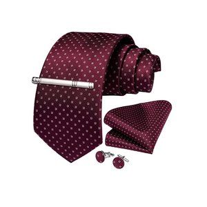 Men's Silk Tie + Pocket Square + Cufflinks + Tie Clip 4 Piece Set